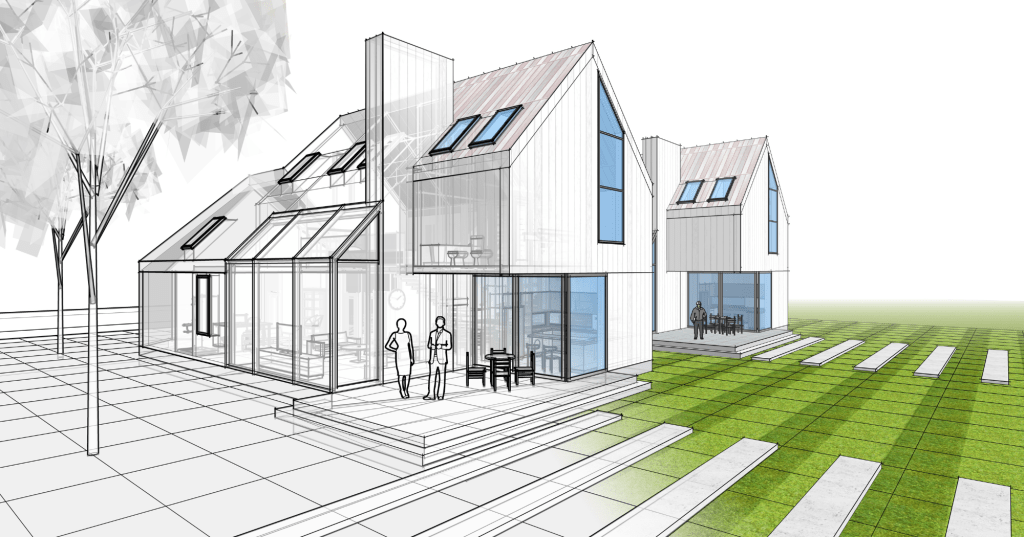 Residential sketch design transforming into a render