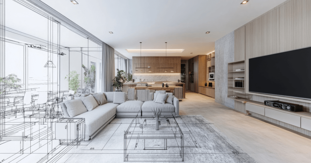 Residential sketch design transforming into a render