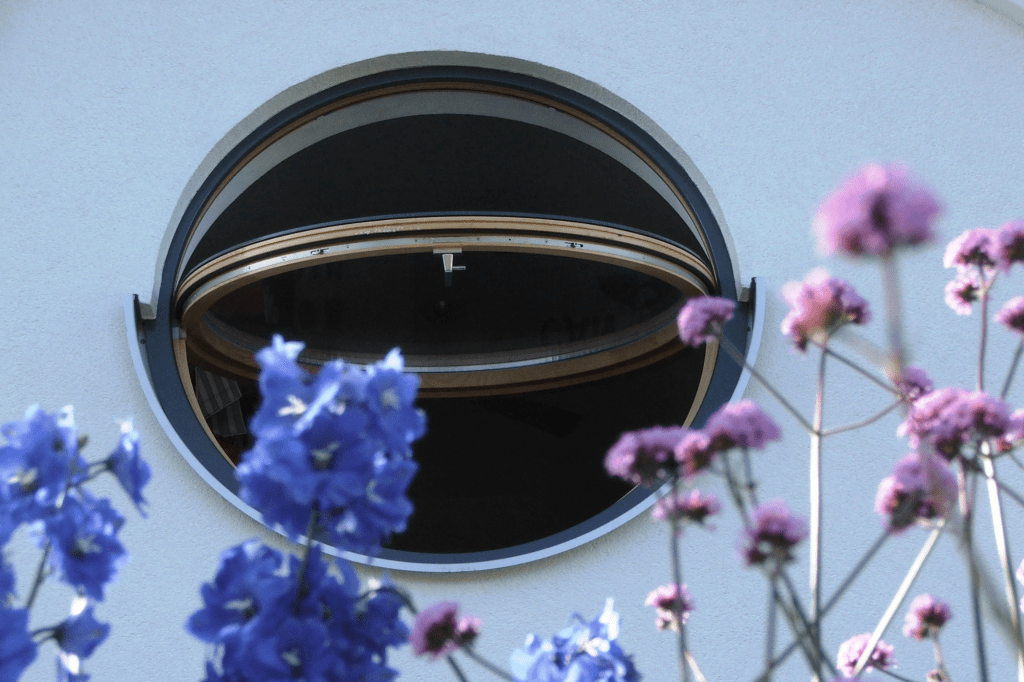 Circular window frame from the outside
